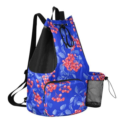 Drawstring Gym Bags For Men Women Climbing Gym Bag With Pockets String Swim Bag Waterproof Red Rowanberry Fruit Royal Blue