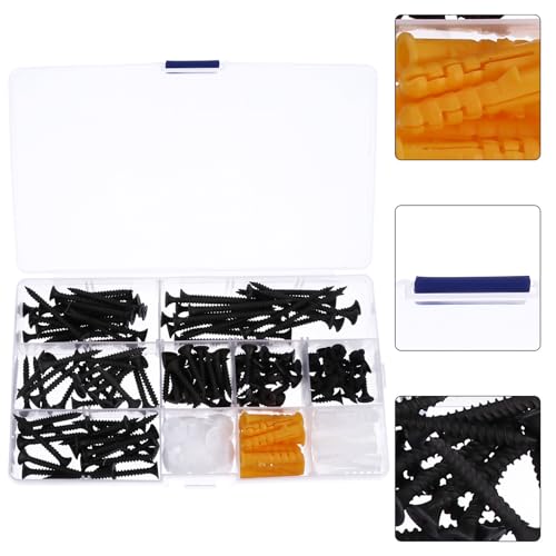 INOOMP Black Hardened Self Tapping Screw Set, 140pcs Round Head Cross Screws with 30 Caps and 20 Expansion Anchors, Multi-Purpose Household Fixing Hardware Kit for Electrical and Cabinet
