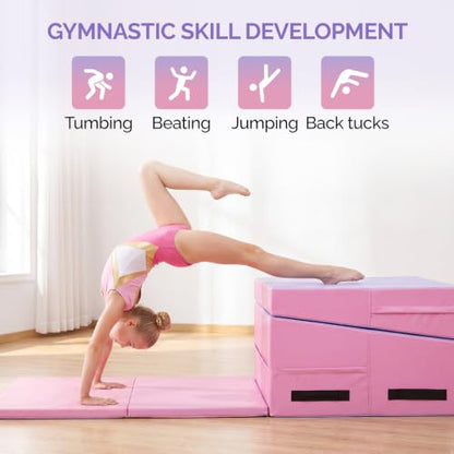 Matladin Folding Gymnastics Cheese Wedge Incline Mat, Gym Fitness Tumbling Skill Shape Mat for Kids Girls Home Training Exercise - color: Light Pink + Light Purple