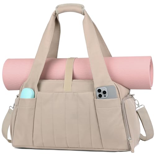 Marvolia Gym Bag for Women with Yoga Mat Holder, Sports Duffle Bag for Travel with Shoes Compartment, Tote Bag with Wet Pocket for Yoga Workout, Dance - color: Khaki