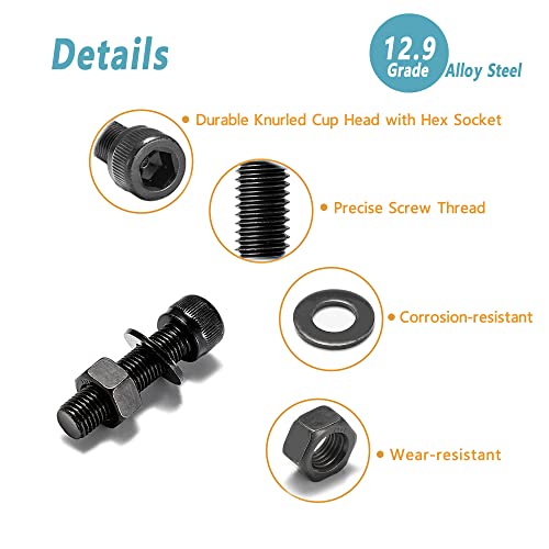 Kadrick M2 M3 M4 M5 Screws Nuts and Washers Assortment, Grade 12.9 Alloy Steel, Hex Socket Head Cap Metric Bolts and Nuts Kit, Black Zinc Palted,Anti Rust Upgrade - size: M2-M5 1230Pcs