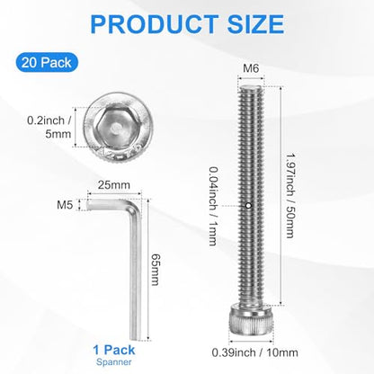 M METERXITY 20-Pack M6 x 50mm Socket Head Cap Screws, 304 Stainless Steel Hex Machine Bolts, Allen Socket Drive Screw with Hex Wrench for Repair/DIY, Fully Threaded Fasteners Kit [Silver] - size: M6 x 50mm