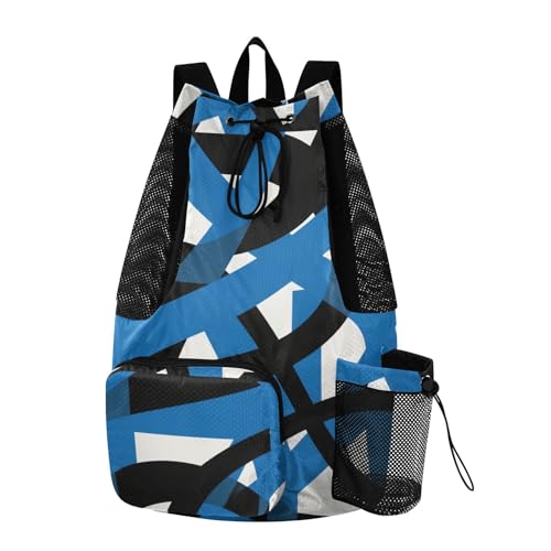 Drawstring Climbing Gym Bag With Water Bottle Pocket Drawstring Backpack For Women Men with Wet Dry Compartments Abstract Art Lines Black Blue