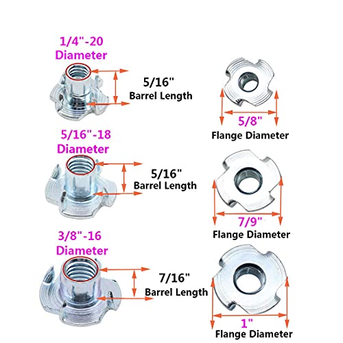 T Nuts 3/8"-16, 25pcs Zinc Plated Steel 4 Pronged Tee Blind Nuts for Wood, Rock Climbing Holds, Cabinetry, Furniture - size: 3/8"-16(25pcs)