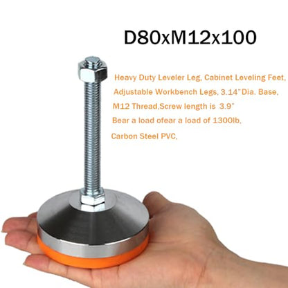 Heavy Duty Leveling Feet,M12 Thread,3.14" Dia Base,4 Pack | 1300 lb Capacity Adjustable Stainless Steel Leg Levelers with Anti-Slip Nylon Pad for Shelving, Workbench, Machinery Devices - size: D80xM12x100,4 Pack