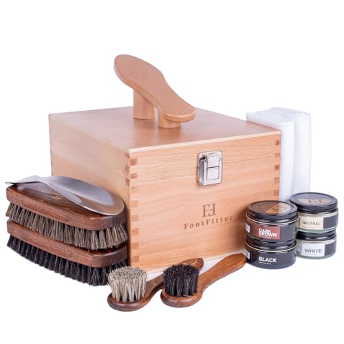 FootFitter Beech Wood Valet Box, Premium Shoe Shine Storage Organizer | Durable Beech Wood Construction with Storage Space for Shoe Care Tools & Attachable Shoe Rest for Cleaning & Polishing - color: Classic Creams Set