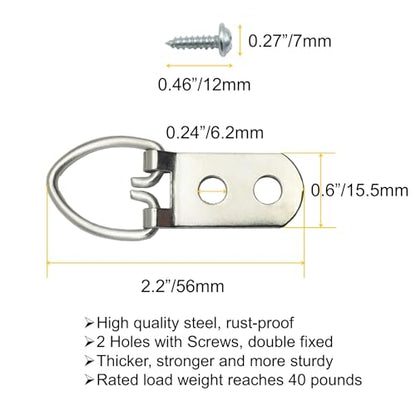 40 Pack Heavy Duty D-Ring Metal Picture Hangers with Screws(Silver) | Double Holes Clasp Metal Picture Hanging Kit, For Hanging Photo Frames, Artwork, Paintings, Clock, Canvas Hooks, Mirrors - size: 40 Pack-Double hole