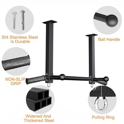 16" Ceiling Mount Pull Up Bar, Heavy Duty Steel Support 600 LBS | with Ball Finger & Round Anchors, Multi-Grip Pullup Bar, Ceiling Beam for Home/Gym/Garage/Basement, Easy Installation