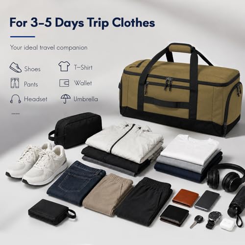 Haimont 60L Foldable Travel Duffel Backpack, Brown | Shoe Compartment, Stowable Straps, U-Shaped Opening, Water-Resistant Build - color: Brown