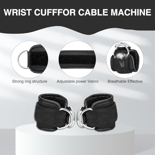 2 Pcs Wrist Cuffs Lifting Straps with D Rings for Cable Machine, Adjustable Gym Weightlifting Straps