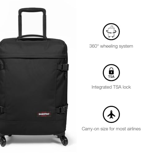 EASTPAK TRANS4 S – 44L Small Cabin Wheeled Luggage, Two Compartments, TSA Lock, 360° Spinner Wheels, and Telescopic Handle, Black Denim - color: Black Denim, size: 44 Liter Carry On