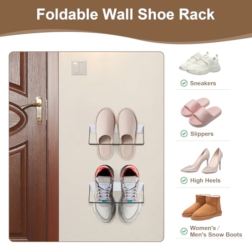 SCUNDA 2-Pack Wall Mounted Shoe Rack, Wooden & Metal Foldable Shoe Rack - Space Saving Wall Shoe Holder for Entryway, RV, Camper, Closet, Apartment, Fits Various Shoes-White