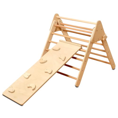 Montessori Wooden Climbing Triangle for Kids | Foldable Wooden Indoor Play Gym for Toddler | Foldable Indoor Climbing Frame | Montessori Balance and Coordination Kids Climber (Rockwall Ramp) - style: Rock wall Ramp