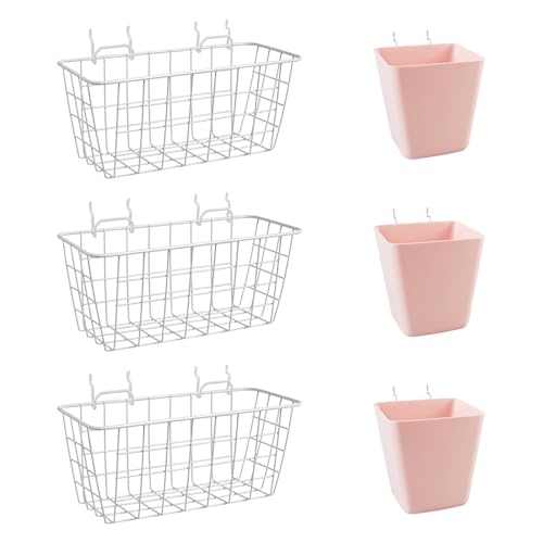 Pegboard Basket Organizer Set, 6 Pack Peg Board Baskets Cups (White & Pink) | 1/4" 1/8" Pegboard Organizer Accessories, Large Baskets Bins Cups for Garage Craft Office Wall Storage Display Organization - color: White & Pink