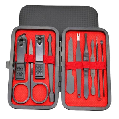 10-Piece Nail Clippers Manicure Tool Set with Portable Travel Case - Professional Cutting Kit, Black Stainless Steel & Carbon Steel, Leather Case with Red Lining - color: Black