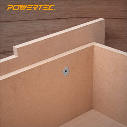 POWERTEC 1/4-20 T Nuts, 50 Pcs | 4 Pronged Tee Nuts for Bolts and Stem Caster Wheels, Threaded Inserts for Wood Working, Rock Climbing Holds and Furniture, For Use with Hammer | 9/16" length (QTN1102)