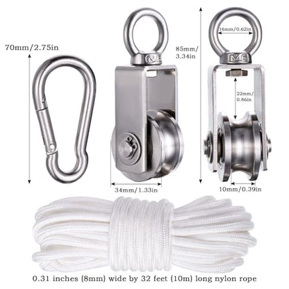 Cable Pulley Block Stainless Steel Swivel with 32FT Rope and Hook,for Garage,Attic,Kayak,Deer Hanging,Gym Equipment,550LB Lifting, 2 Pack
