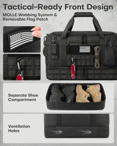 HOTOR Tactical Travel Duffel Bags for Men & Women with MOLLE Toiletry Pouch | 45L, Overnight, Weekender, Gym, Camping, Shoe Compartment, Carry-On Friendly, Versatile, Black, 22.0" x 12.6" x 9.0"