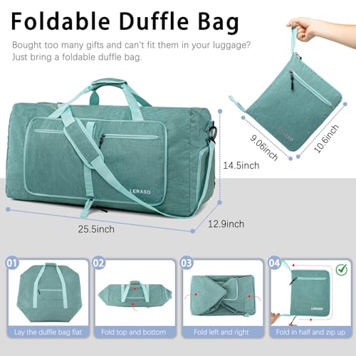 65L Foldable Duffle Bag with Shoe Compartment - Large Travel Duffel Bag for Men & Women, Packable Weekend Bag with Trolley Sleeve, Water-Resistant & Lightweight Gym Bag for Travel, Sports（Green） - color: Green