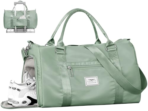 FIORETTO Womens Gym Tote Duffle Bag with Wet Pocket & Shoe Compartment, Sports Duffel Overnight Weekender Hospital Workout Carry on Bag for Girls, Ideal for Travel, Swimming, Dance, Ballet Celadon - color: Greyish Green, style: Gym Bag