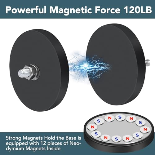 DIYMAG Rubber Coated Neodymium Magnets 2.6in 120lbs 6pcs | Anti-Scratch Black Magnetic Base, with M8 Threaded Studs Nuts, Strong Holding Power, for Light Bar, Mirror, Camera, PTZ - size: M8-120LB-3.46in