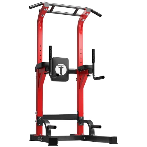DlandHome Power Tower Pull Up Bar Station, Heavy Duty Adjustable Height for Home Gym Strength Training Equipment 330LBS Weight Capacity, Pull Up Dip Station - color: Red