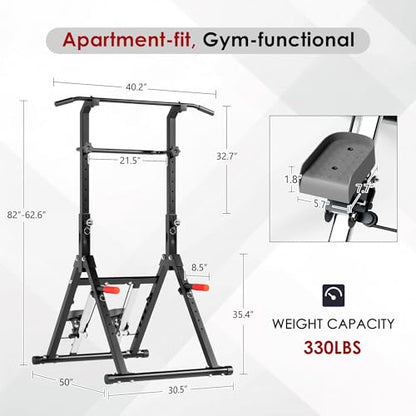 DlandHome Foldable Pull Up Bar Dip Station With Stair Stepper, Adjustable Multifunction Workout Power Tower Pull-up Bars for Home Gym, Strength Training Equipment, Triangular Legs, Up to 330lbs