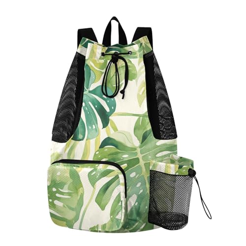 Drawstring Climbing Gym Bag With Pockets Draw String Back Bag with Wet Dry Compartments Watercolor Monstera deliciosa Leaves Green White