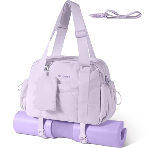 Small Gym Bag for Women - Duffle Weekender Work Duffel Carry on Tote Bag | Puffer Yoga Mat Holder Wet Compartment Coin Purse BPA-Free - color: Purple