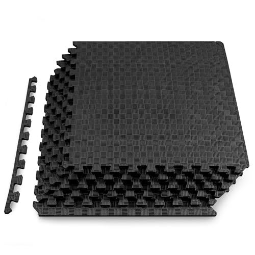 ProsourceFit Exercise Puzzle Mat ½-inch, Checkered EVA Foam Floor Tiles w/Non-Slip Texture, Interlocking Design for Adjustable Gym Surfaces, Shock Absorbing, Black, 24 Sq Ft - 6 Tiles - color: Black, size: 6 Tiles