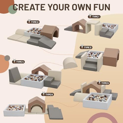JungleDove 7Pcs Climbing Toys for Toddlers: with a Square Ball Pit for Toddlers - PU Leather Foam Climbing Blocks - Indoor Soft Play Set with Slide and Stair（NO Balls） - color: Beige, White
