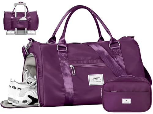 FIORETTO Womens Gym Tote Duffle Bag with Toiletry Bag, Sports Duffel Overnight Hospital Workout Carry on Bag for Girls with Wet Pocket & Shoe Compartment, Ideal for Travel, Swimming, Dance Purple - color: Dark Purple, style: Gym Bag With Toiletry Bag