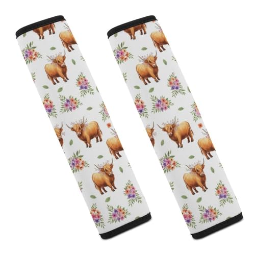 Universal Soft and Comfortable Seat Belt Cover for Adult Use, Stroller Pushchair High Chair, 2 Pack Highland Cow Floral Art Shoulder Harness Cover - color: Pattern 1092
