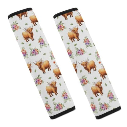 Universal Soft and Comfortable Seat Belt Cover for Adult Use, Stroller Pushchair High Chair, 2 Pack Highland Cow Floral Art Shoulder Harness Cover - color: Pattern 1092