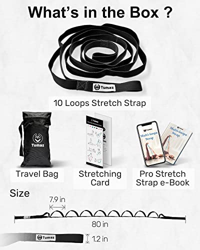 Tumaz Stretching Strap, 10-Loop Non-Elastic Yoga Strap | Designed for stretching, yoga, Pilates and rehab with 10 loops, durable webbing and a longer 79-inch design - color: Black Classic, size: Value-Upgrade