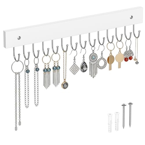 Necklace Holder Wall Mounted Jewelry Organizer Wooden, White, 1Pack 14Hooks | Space-saving jewelry storage rack, holds necklaces, earrings, rings and bracelets, decorative hanging display for bedroom - color: White, size: 1Pack