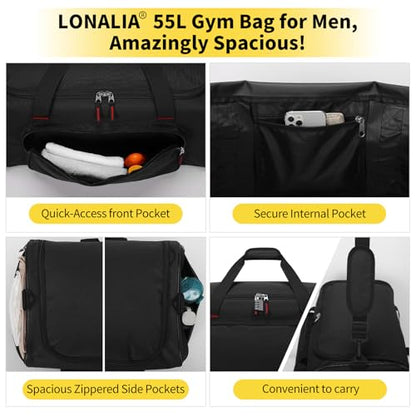 55L Sports Gym Duffle Bag for Men, 22 inch, Black | Large Capacity, Workout, Travel, Weekender, Fitness, Heavy Duty, Multi Pockets, Spacious - color: Black