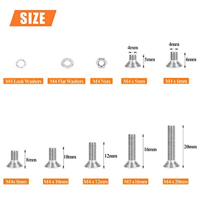 HELIFOUNER 380 Pieces M4 x 5mm /6mm /8mm /10mm /12mm /16mm /20mm, Phillips Countersunk Head Machine Screws, Metric Screws Bolts Washers Nuts Kit, 304 Stainless Steel - size: M4, style: Phillips Countersunk Head
