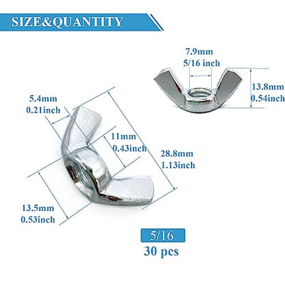 30 PCS 5/16-18 Inch Wingnuts, Quality Carbon Steel Wing Nuts Zinc Plated Fasteners Parts Butterfly Nut, Hand Twist Tighten Hardware Nuts Butterfly Wing-Nut 5/16-18” Assorted Kit - size: 5/16"-18 - Carbon Steel - 30 Pcs
