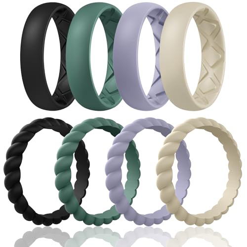 Egnaro Women's Stackable Silicone Rings, 2.5/5.5mm Wide 1.8/2mm Thick Bands | Comfort-Fit Rubber Bands Offer Breathable Flexibility for Nurses, Workouts, Pregnancy, Yoga, Travel, Office, and All-Day Wear - color: SETD7-Black, Green, Cloudy Blue, Cream Bei
