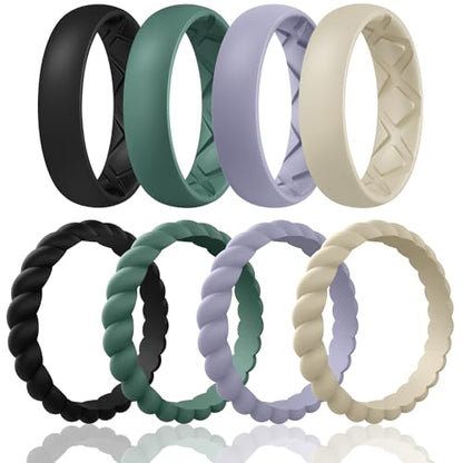Egnaro Women's Stackable Silicone Rings, 2.5/5.5mm Wide 1.8/2mm Thick Bands | Comfort-Fit Rubber Bands Offer Breathable Flexibility for Nurses, Workouts, Pregnancy, Yoga, Travel, Office, and All-Day Wear - color: SETD7-Black, Green, Cloudy Blue, Cream Bei