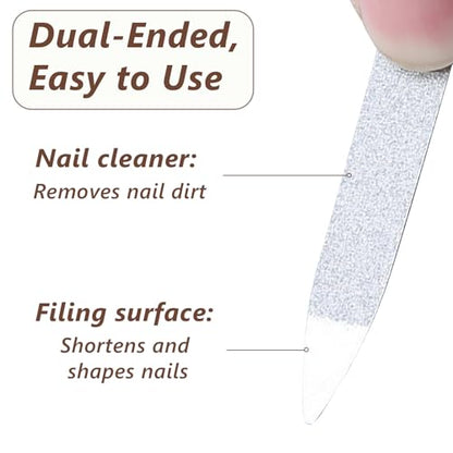 Metal Nail File Set (12 pcs) - Stainless Steel Nail Files for Natural Nails, Sword-Shaped Fingernail Files with Non-Slip Handle, Sharp Tip, and Sapphire Grit for Women and Men