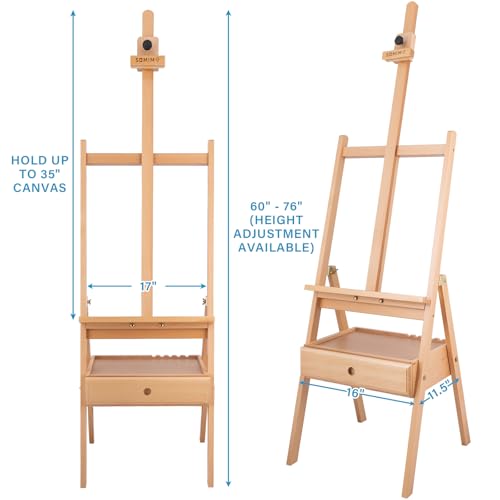 Large Beechwood H-Frame Studio Easel Stand with Storage Drawer, Natural | Height Adjustable to 35Inches High, Suitable for Painting, Sketching and Displaying - style: Basic Natural