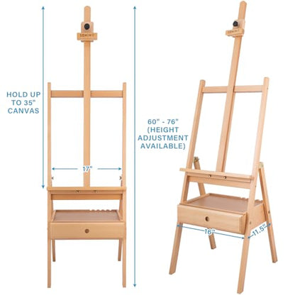 Large Beechwood H-Frame Studio Easel Stand with Storage Drawer, Natural | Height Adjustable to 35Inches High, Suitable for Painting, Sketching and Displaying - style: Basic Natural