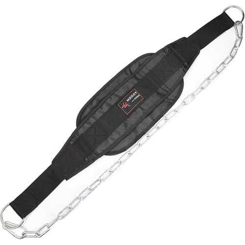 Dip Belt with Chain for Weightlifting, Pullups, Powerlifting, Crossfit, and Bodybuilding Workouts, Long Heavy Duty Steel, Comfortable Neoprene Waist Support
