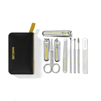 9-in-1 Manicure and Pedicure Kit for Men & Women, Travel Nail Clipper Set with Stainless Steel Tools & Glass Nail File, Portable Grooming Kit in PU Leather Case, Personal Care Gift - color: Yellow-Silver