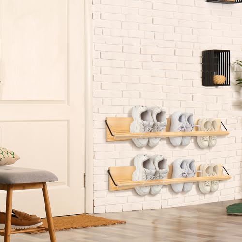 Mifoci 2 Pcs Wall Mounted Shoe Rack Organizer Wooden Modern Compact Wall Space Saving Shoe Holder Storage for Sneaker Footwear Slipper Boots Entryway Narrow Spaces Hallway(39.37'' Long) - size: 39.37'' Long