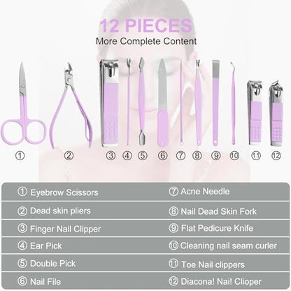 Nail Kit, Manicure Kit, Nail Care Kit for Women, Manicure Pedicure Set, Nail Clippers Toenail Clippers Kit, Professional Manicure Kit Pedicure Kit, Purple Travel Case, Set of 12. - color: Purple