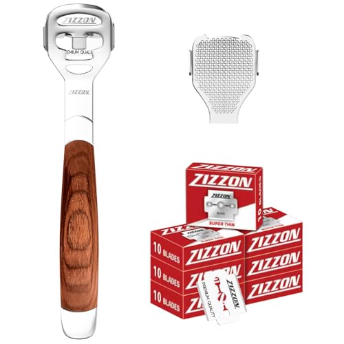 Foot Care Pedicure Callus Shaver Hard Skin Remover Wood Handle 70 Blades | Professional callus remover for hard skin, wood handle grip, includes 70 replacement blades for long-lasting pedicure care.
