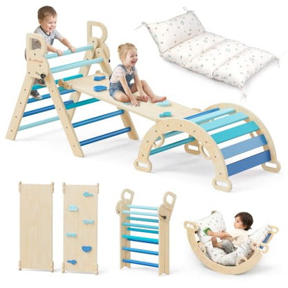 Pikler Triangle Set with Cushion, Wooden Climbing Toys for Toddler | Foldable 8-in-1 Montessori Philosophy Toddler Climbing Toys Indoor with Reversible Ramp, Arch and Ladder - Sky Blue - color: Sky Blue